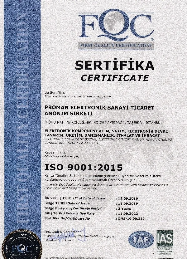 Proman Elektronik ISO 9001:2015 kalite yönetim sistemi sertifikası